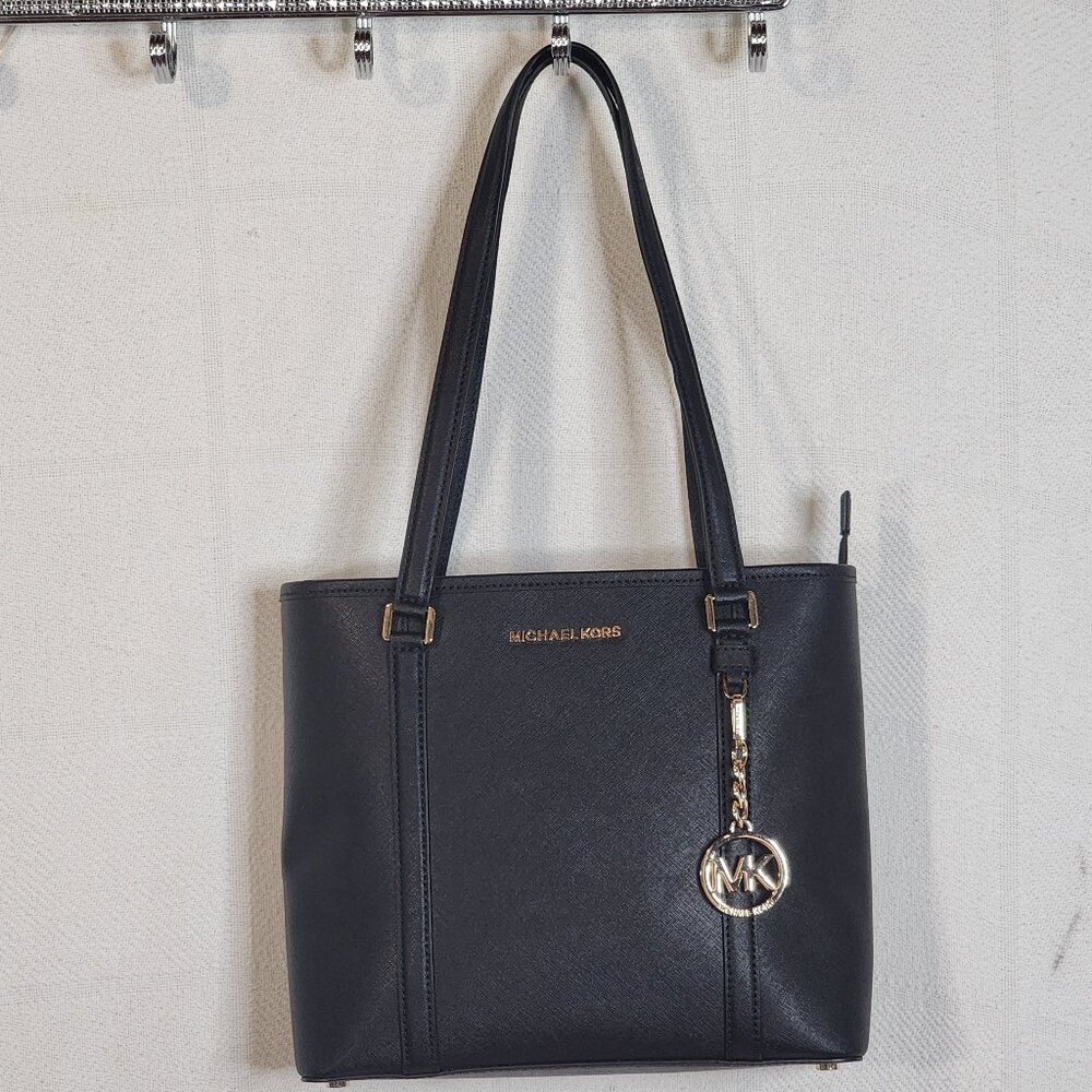 Michael Michael Kors Black Leather Gold Hardware w/Keychain Large Sady Tote Bag